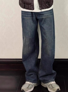 美式复古水洗休闲显瘦痞帅直筒牛仔裤男款秋冬款vebe风宽松长裤子