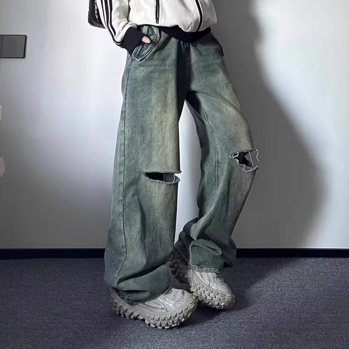 美式高街vibe风破洞牛仔裤男女同款直筒宽松秋冬潮牌阔腿裤子长裤