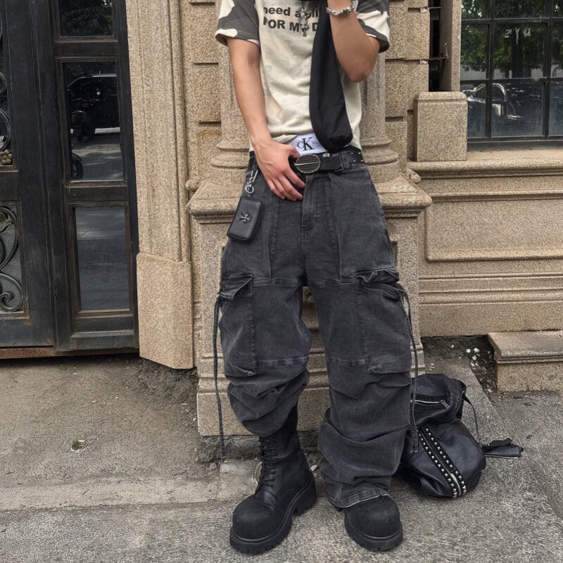 美式水洗飘带多口袋工装牛仔裤男
