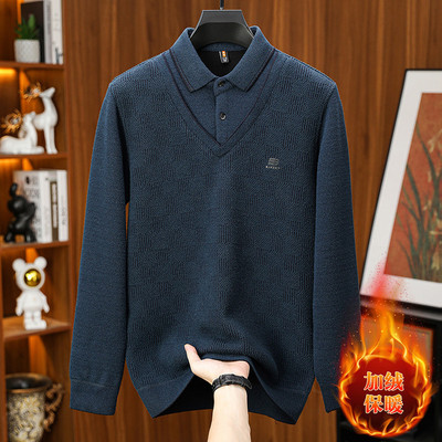 冬季男士假两件加绒加厚毛衣翻领保暖针织中老年大码打底衫羊毛衫