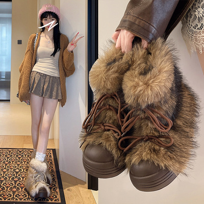 千禧风厚底毛毛雪地靴女2025新款秋冬季加绒加厚保暖毛茸茸棉鞋子