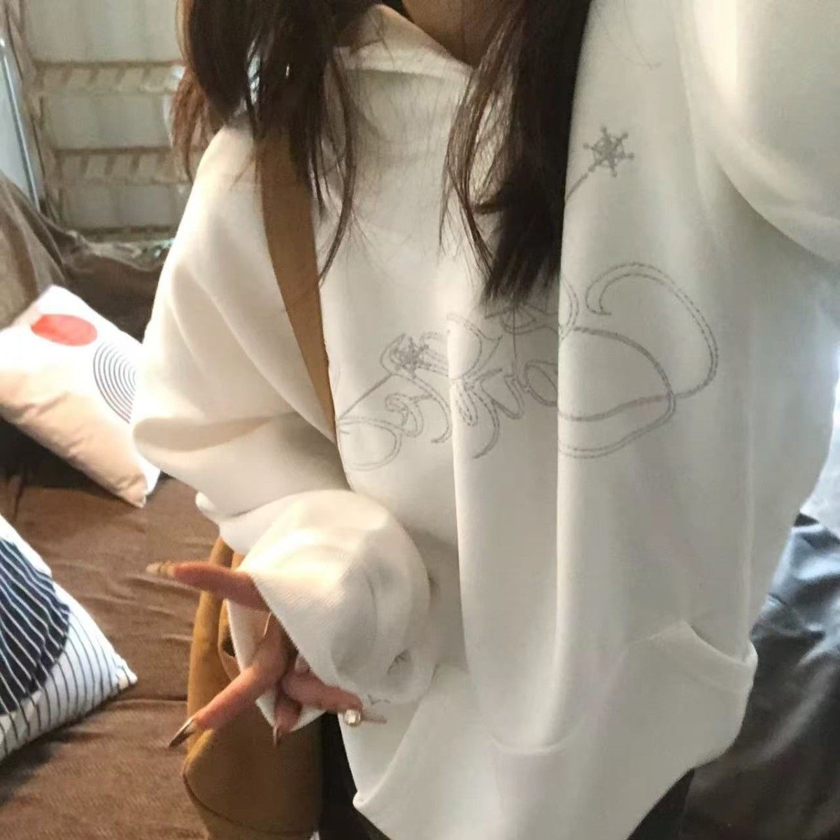 美式高街银线星星刺绣连帽白色卫衣女春秋宽松设计感潮牌情侣