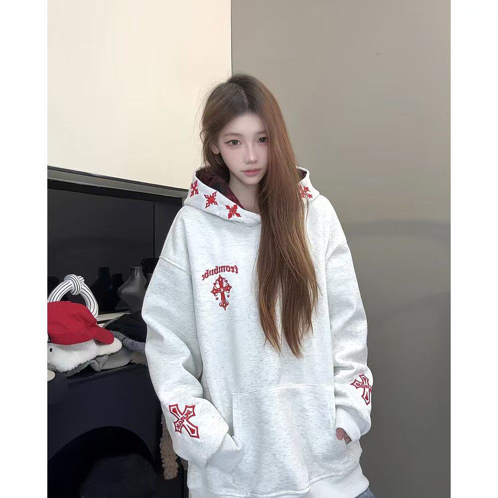 美式复古高街十字架刺绣连帽卫衣男女同款宽松重磅加绒薄款上衣潮