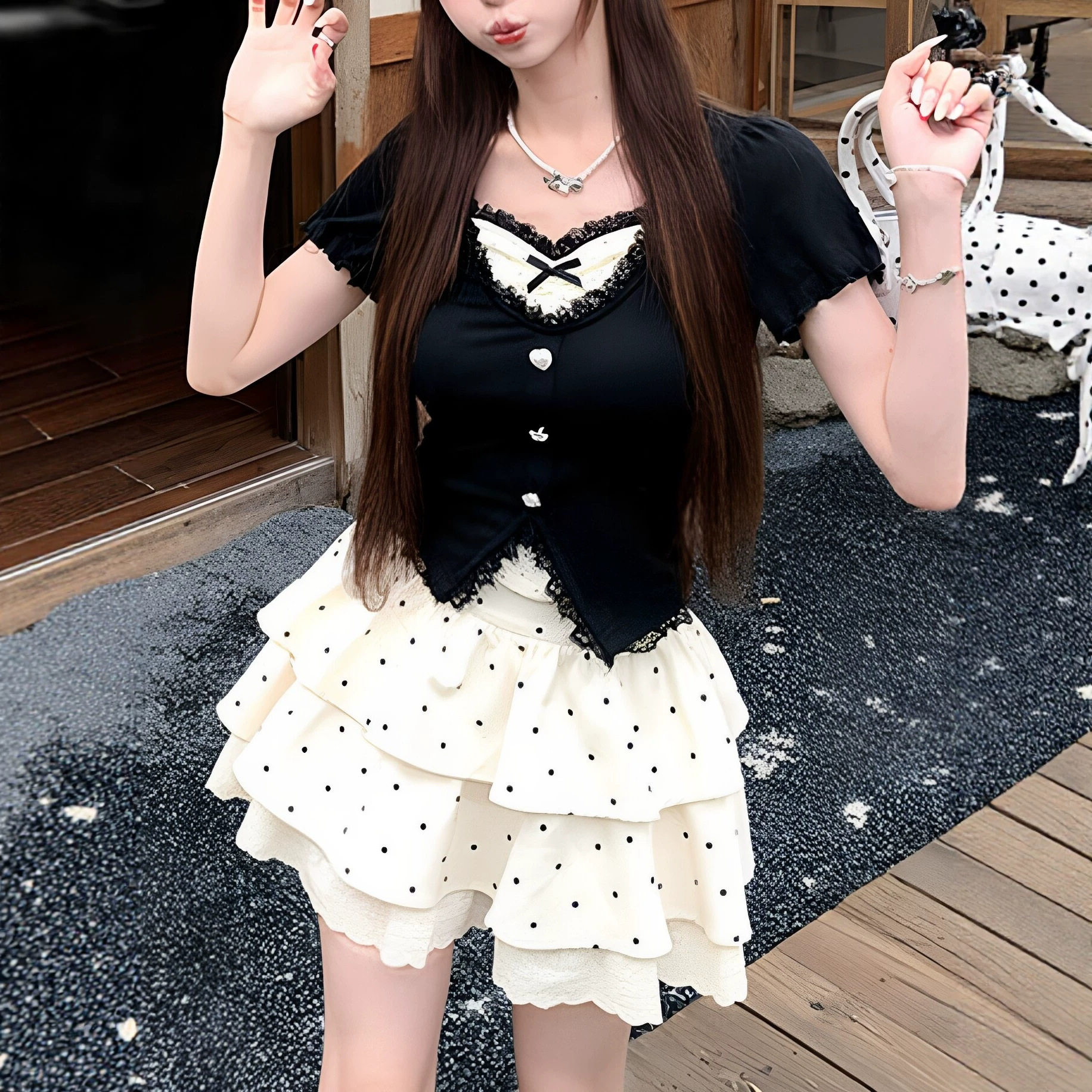 甜美时尚假两件上衣收腰短裙两件套夏季日系软妹t恤蓬蓬裙套装女