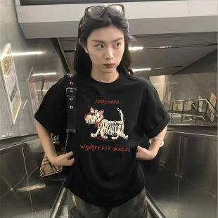 纯棉黑色短袖t恤女2026新款爆款夏季正肩设计感美式宽松半袖上衣