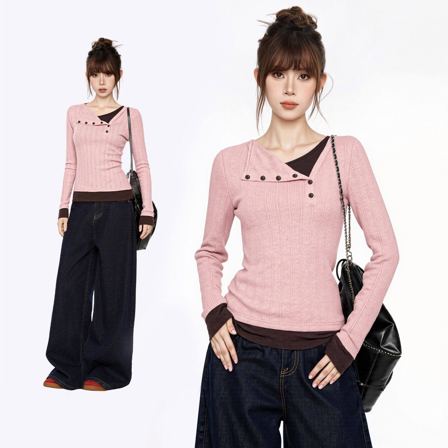 内搭打底衫女2026新款绝美粉色长袖t恤假两件针织修身上衣