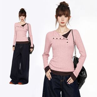 内搭打底衫女2026新款绝美粉色长袖t恤假两件针织修身上衣