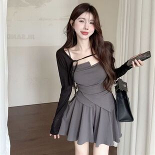 甜辣修身套装设计感不规则吊带辣妹针织开衫半身裙子女夏季三件套