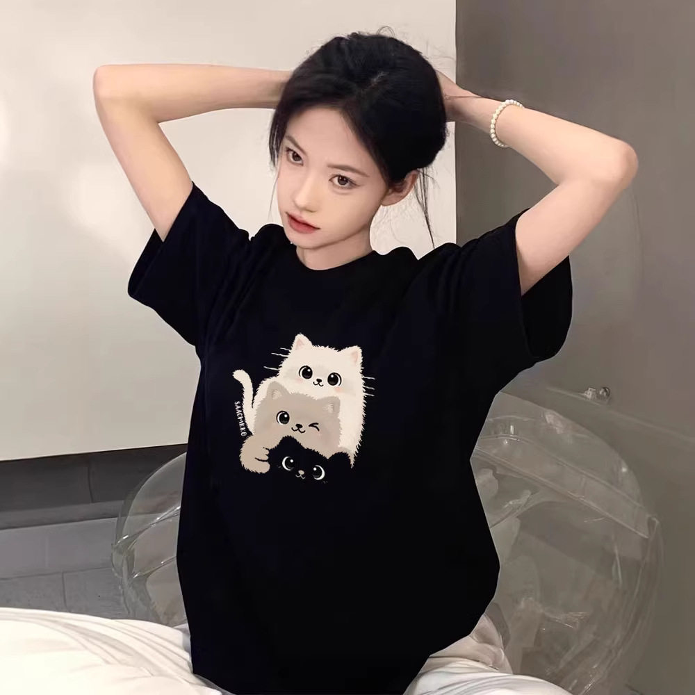 小猫黑色纯棉短袖t恤女2026新款爆款夏季高端欧货大版上衣体恤潮