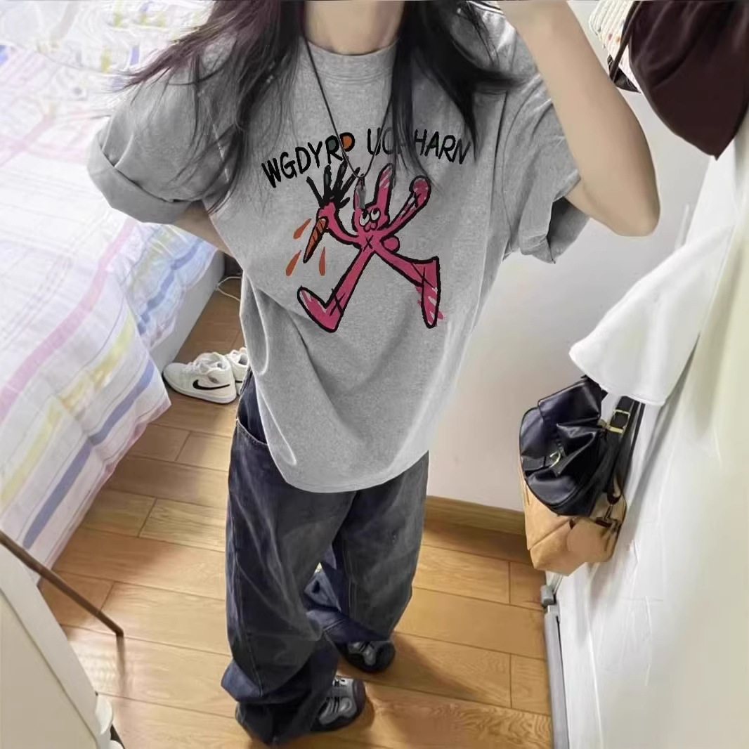 纯棉短袖t恤女2026新款爆款夏季灰色设计感小众美式宽松半袖上衣