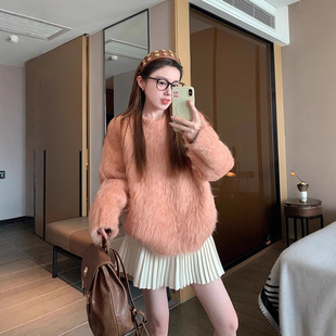 韩系圆领毛衣女2025新款冬季加厚高级感毛绒绒慵懒宽松针织衫上衣