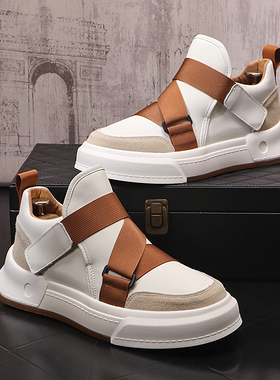 白色百搭男士休闲鞋青春时尚潮流魔术贴板鞋韩版运动中邦男鞋子