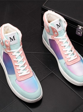 炫彩高帮鞋男秋季新款时尚短靴百搭ins鞋子男潮鞋内增高休闲皮靴