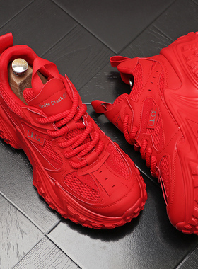 个性潮男网红透气网面鞋厚底薄款红色运动鞋男轮胎底增高时尚男鞋