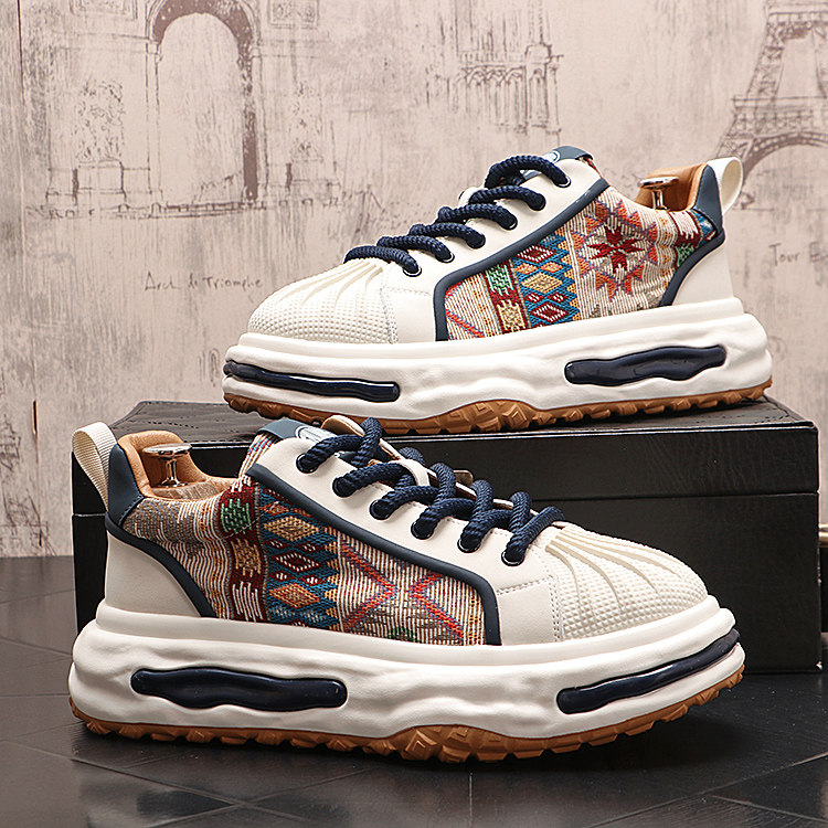 秋冬加绒民族风溶解底男鞋休闲时尚厚底鞋子男士复古印花潮鞋增高