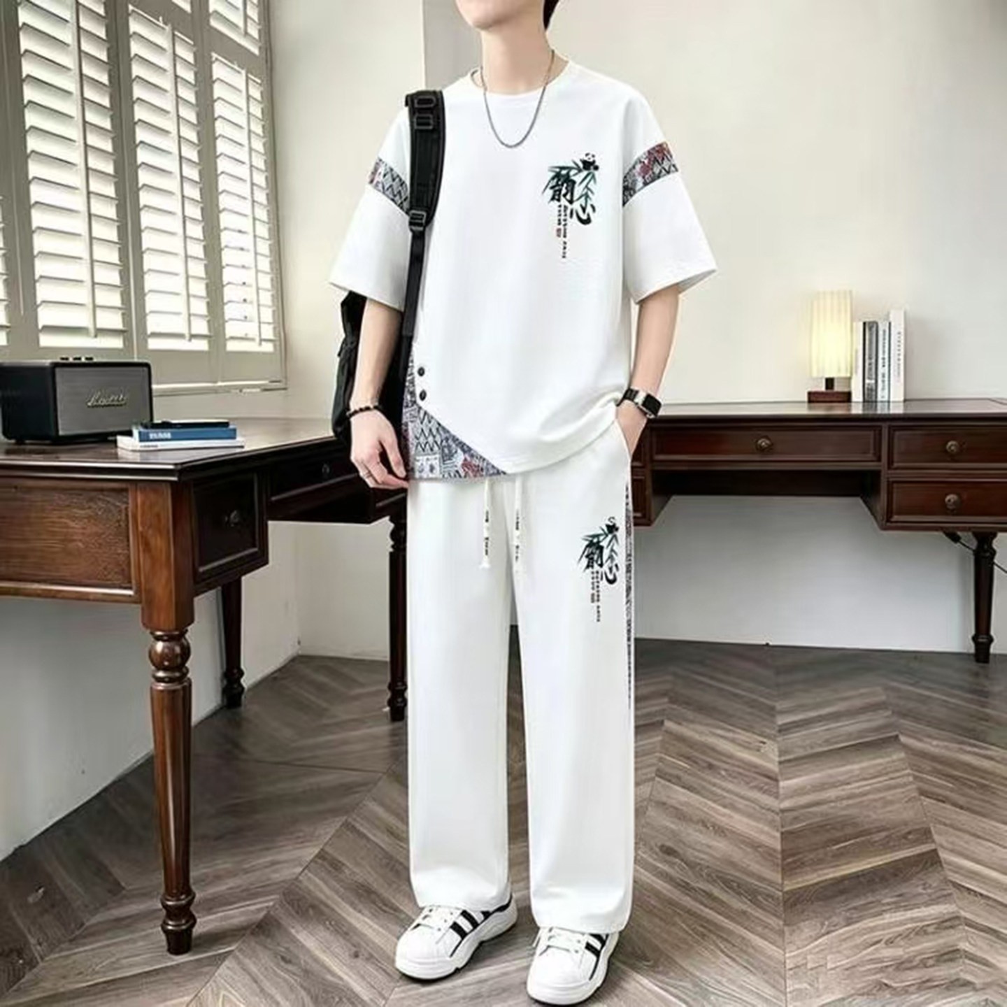 点击率男装夏季男士休闲运动冰丝套装麦麦精选国风短袖长裤两件a9