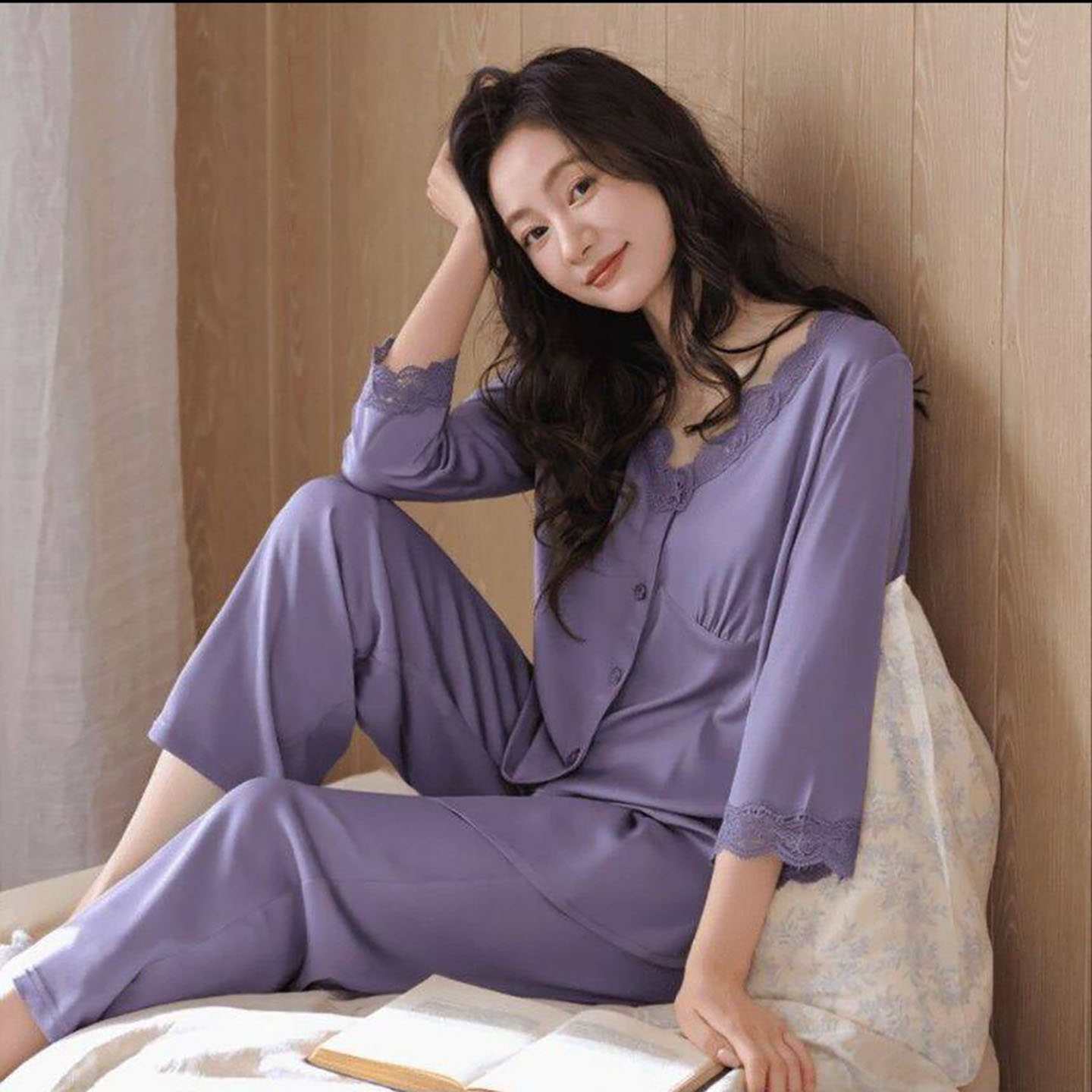 聚光点女装法式莫代尔蕾丝套装夏季女士款带胸垫可外穿家居服睡a7