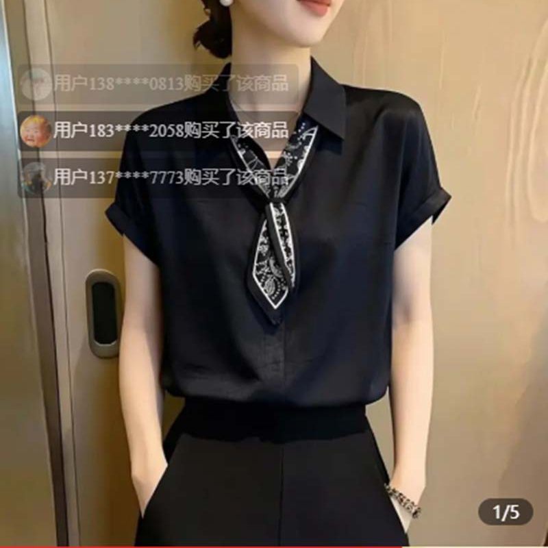 路途黑色翻领女装系带丝巾短袖衬衫2026夏季时尚宽松大码修身上a7