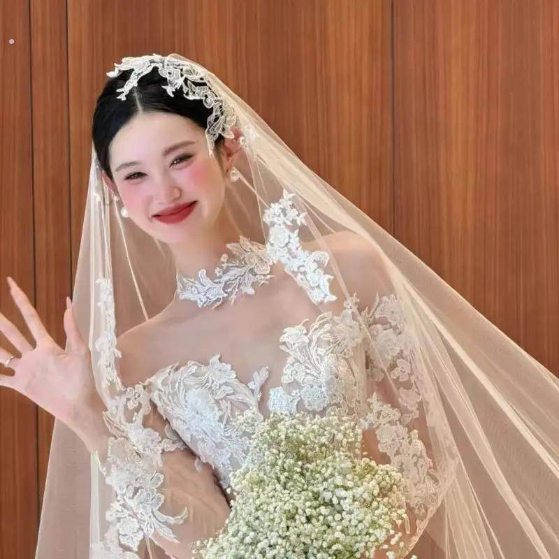 蕾丝头纱新娘主婚纱长版覆古法式领证头饰超仙美结婚拍照道具飘逸
