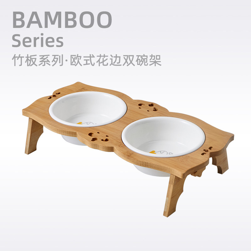 hocc欧式碗架双碗猫水碗猫碗陶瓷天然竹木猫粮碗易清洗水碗粮碗