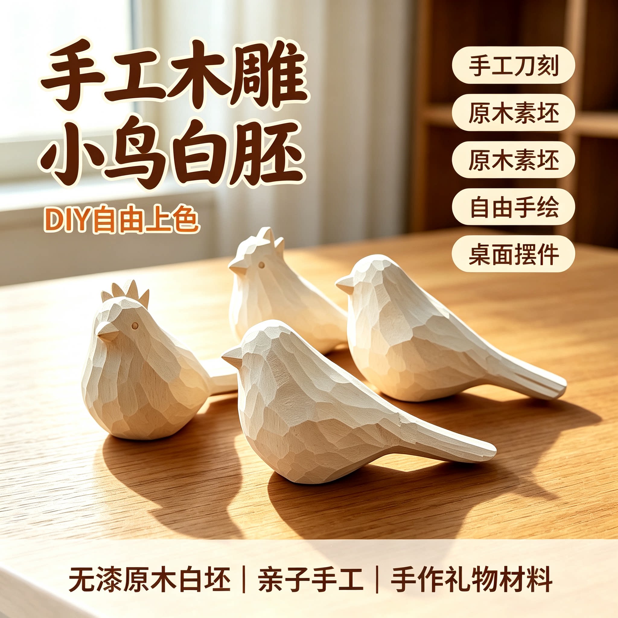 手工木雕小鸟白胚diy上色原木素坯亲子手绘解压桌面摆件手作材料
