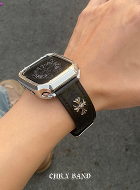 适用苹果手表真皮表带iwatch459mm保护壳套复古朋克牛皮腕带ultra