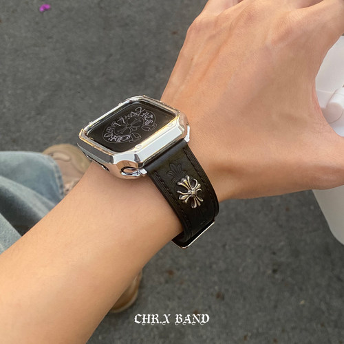 适用苹果手表真皮表带iwatch459mm保护壳套复古朋克牛皮腕带ultra