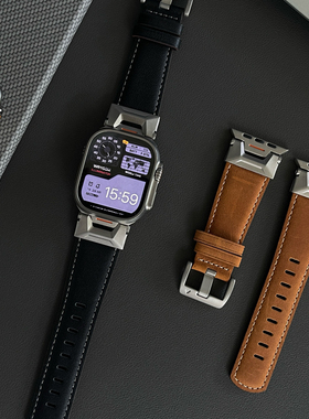 真皮机能风适用苹果手表ultra商务表带iwatch910代金属不锈钢腕带