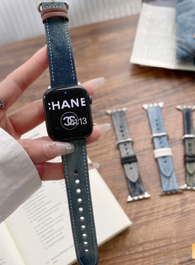 牛仔表带40mm适用于applewatch789代iwatch654se休41mm闲帆布表带