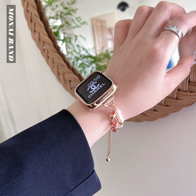 金属珍珠手链适用于苹果手表41mm表带applewatch6789细女腕带夏季