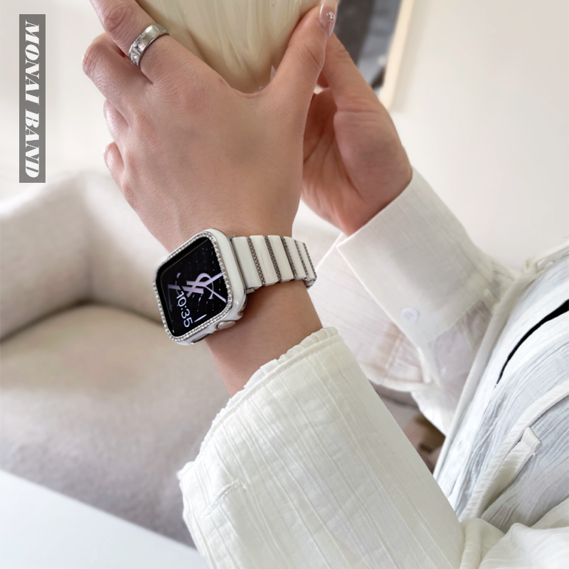 纯白陶瓷适用于苹果手表41mm陶瓷金属表带applewatch78保护壳40mm
