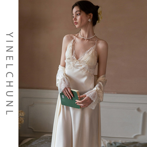 YINELCHUNL带胸垫吊带睡裙女春季真丝性感丝绸长款睡衣家居服套装
