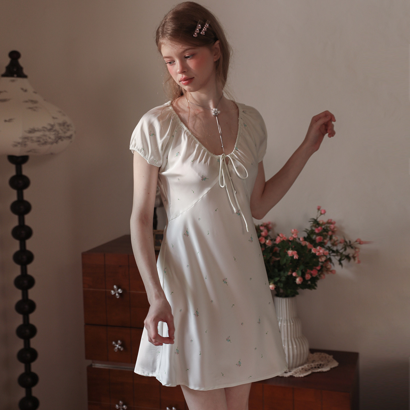 YINELCHUNL甜美风法式印花真丝睡裙女高级感夏季短袖纯欲风家居服