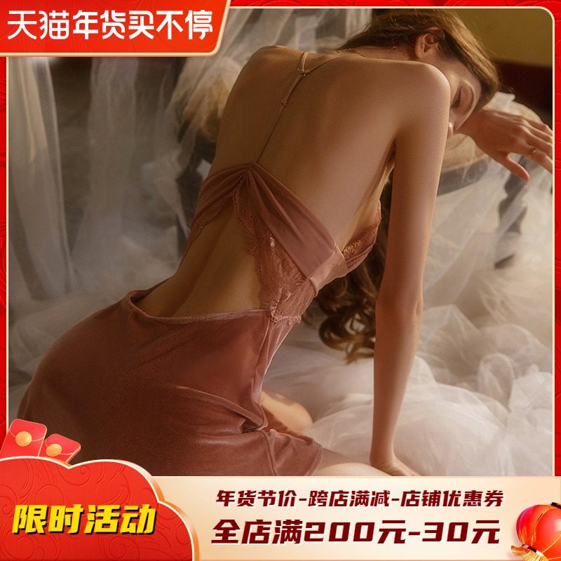 性感睡衣女蕾丝纯欲风金丝绒镂空长款吊带睡裙2021年新款秋冬套装