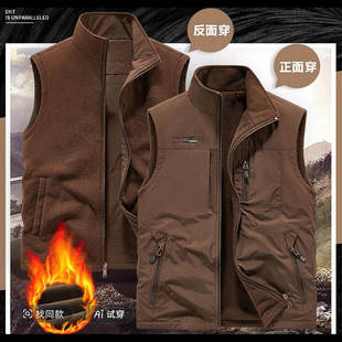 纽爵翰休闲男装双面穿秋冬款加绒加厚户外工装抓绒马甲外套1906A