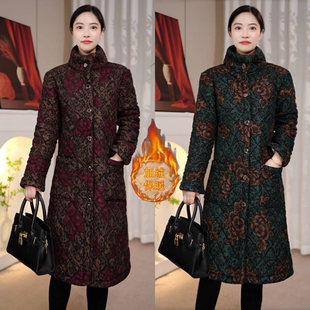 闵潇女装 棉服女士加绒加厚保暖外套中老年棉a46 玫瑰花名族风长款