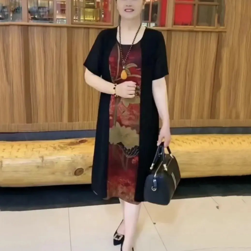 高档阔太太气质显瘦妈妈夏装假两件连衣裙新款中老年宽松印花裙a4