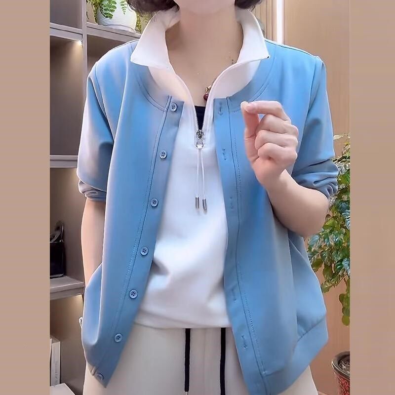 薄款显瘦百搭新潮风防晒服卫衣春季长袖假两件长袖春装卫衣外套a4