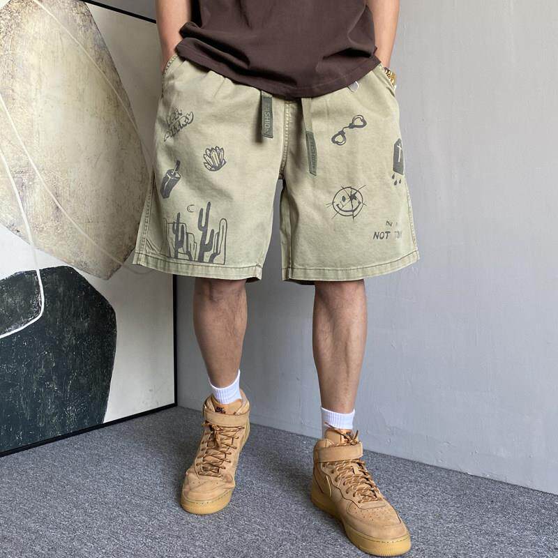 夏季美式休闲痞帅设计感涂鸦工装短裤男宽松大码纯棉五分裤子潮