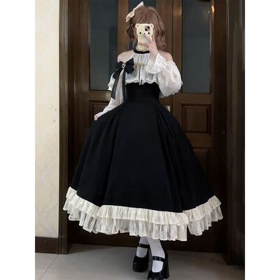 【夏日恋曲】法系温柔挂脖露肩优雅cla系lolita拼接蕾丝连衣裙女