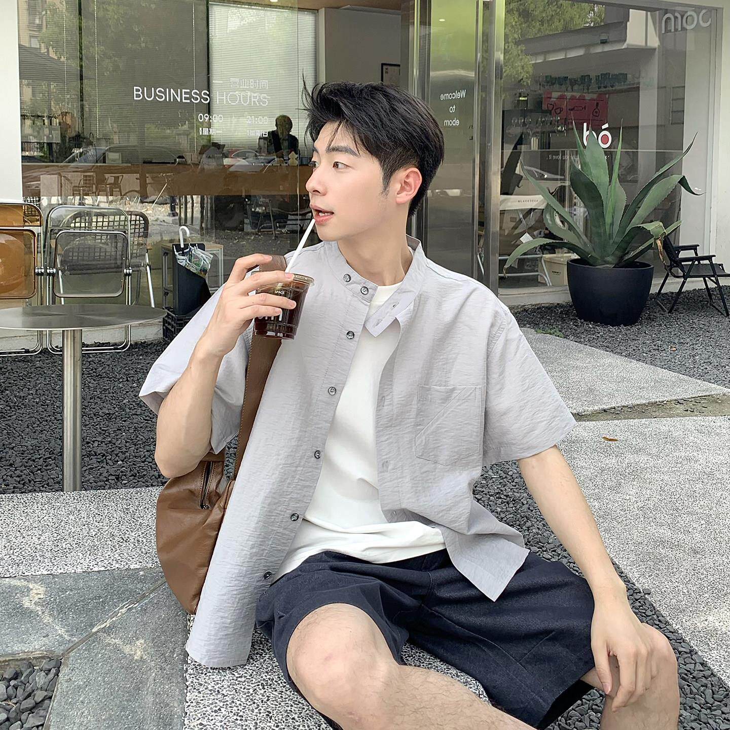 【肌理感天丝麻】立领宽松休闲短袖衬衫男生夏季新款少年感薄外套