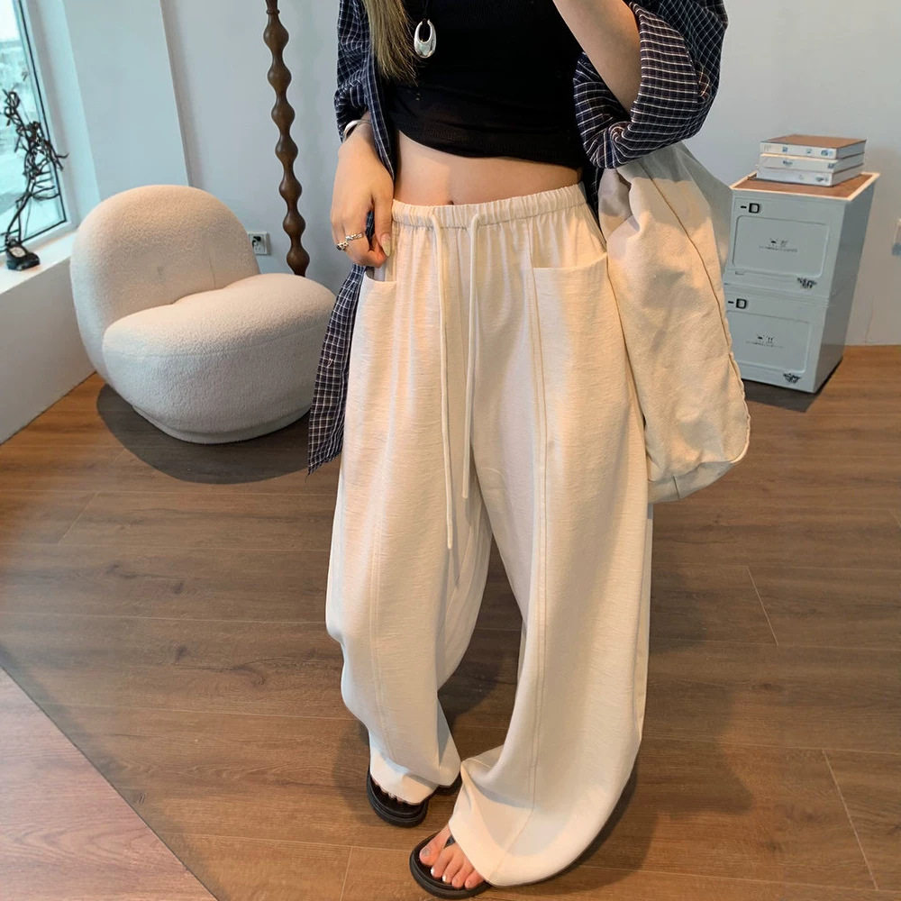 白色弯刀裤女夏凉感天丝亚麻阔腿裤小个子慵懒老钱风棉麻裤子薄款
