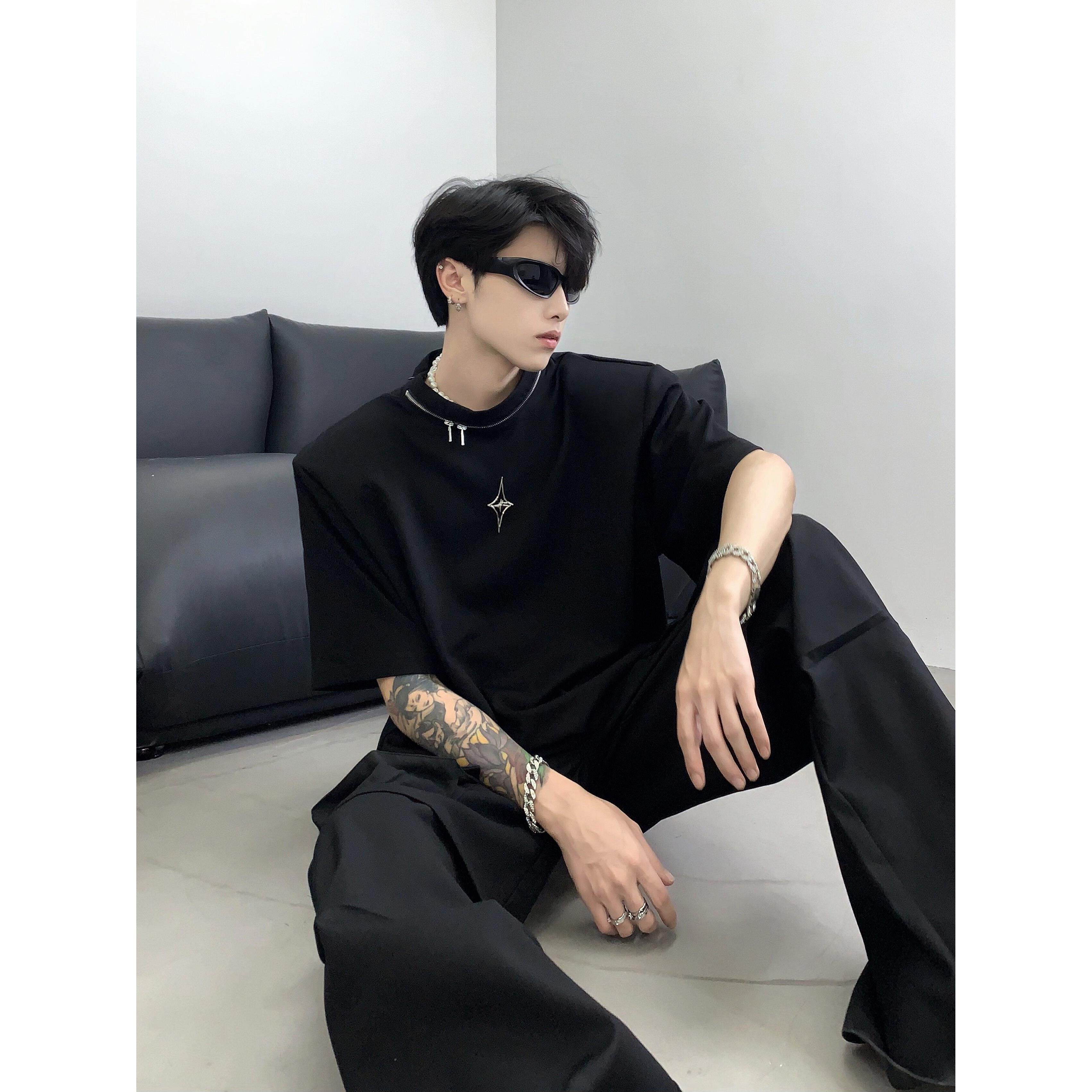 黑沧社/小众领口圈形拉链设计感垫肩T恤男夏季高级感廓形重磅短袖