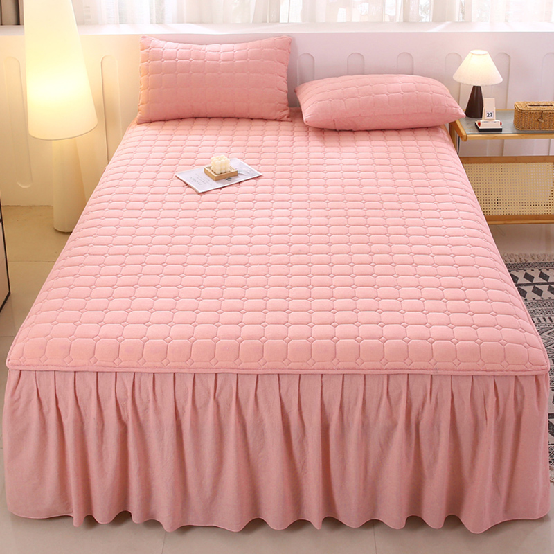 少女心全棉水洗棉夹棉床裙三件套床套纯棉床围裙单件荷叶裙边防滑