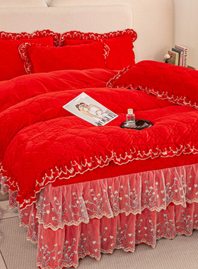 ins公主风牛奶绒大红色被套单件150x200x230花边被罩双面珊瑚绒冬