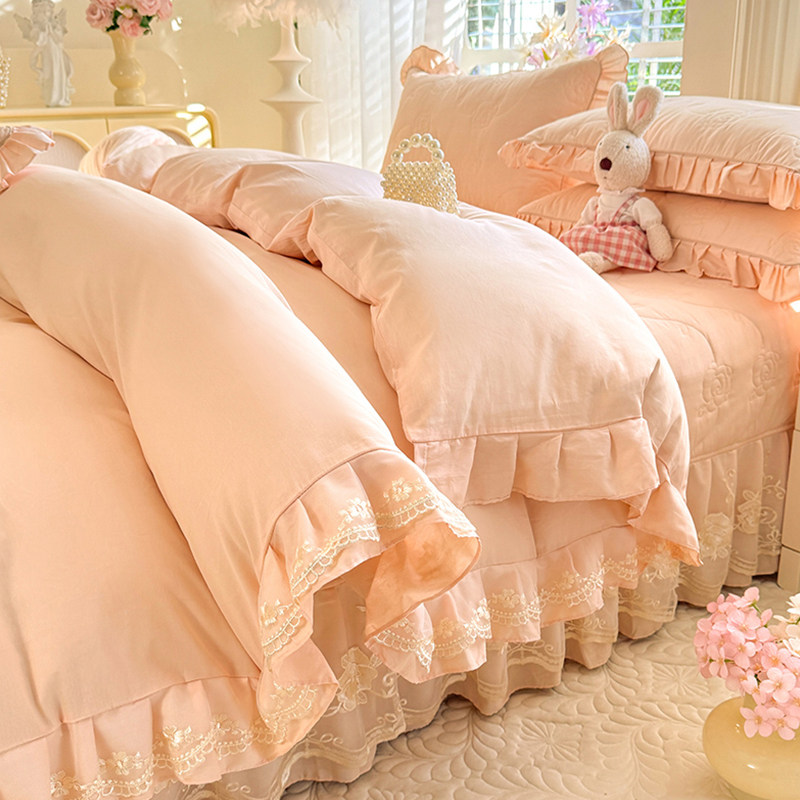 公主风全棉夹棉床盖款四件套刺绣蕾丝边加厚床罩轻奢双人纯棉被套