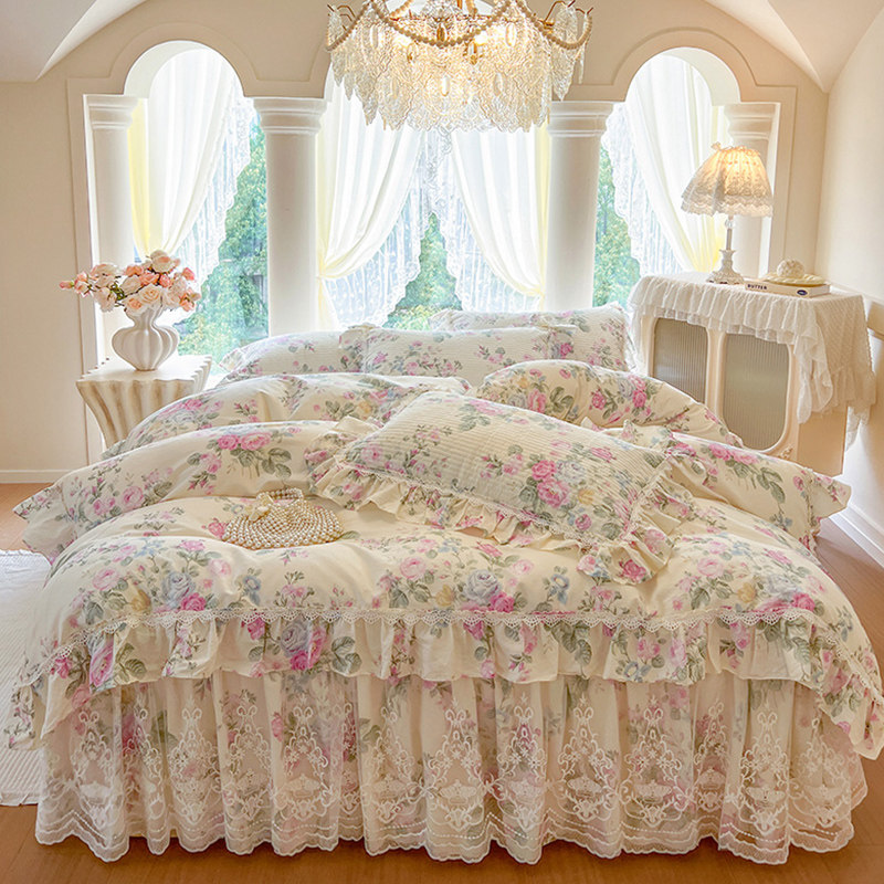 韩版纯棉床裙款四件套蕾丝花边夹棉床罩公主风100纯棉被套高级感