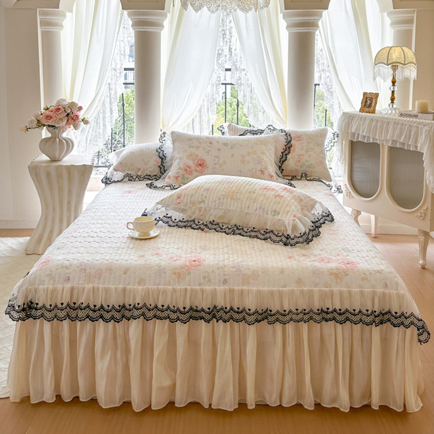 高级感全棉床裙单件夹棉加厚防滑公主风花边纯棉床罩三件套床围裙
