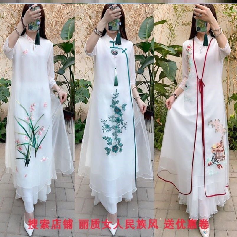 中国风复古文艺如意纱刺绣连衣裙裙子