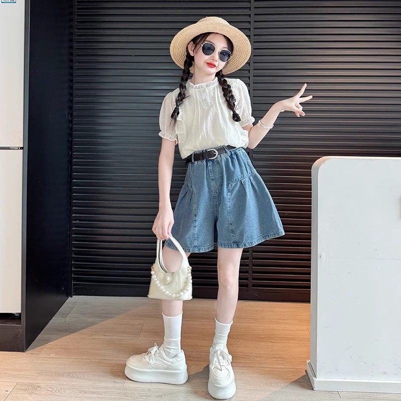 女童夏装套装2026新款儿童洋气娃娃衫上衣中大童牛仔短裙裤两件套